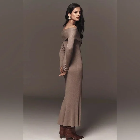 Brand New Anthropologie Off-Shoulder Grey/Brown Slim Sweater Dress, 1X, NWT - Picture 3 of 5
